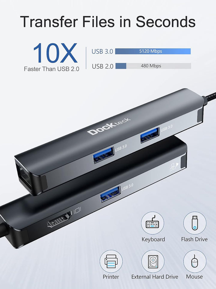 USB C Hub Dockteck 5 in 1 USB C Dock, USB-C Adapter mit Ethernet LAN RJ45, 4K HDMI, 3 USB 3.0 für Ma