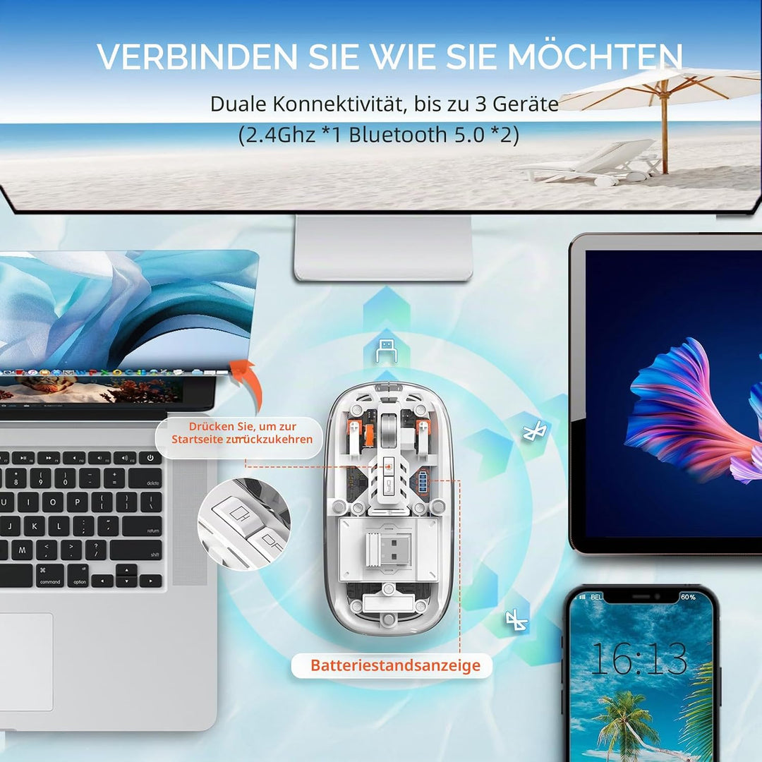 MAGIC-REFINER HXSJ Kabellose Maus Bluetooth, 2,4GHz+Bluetooth 5.0 Funkmaus Wiederaufladbare Leise Ul