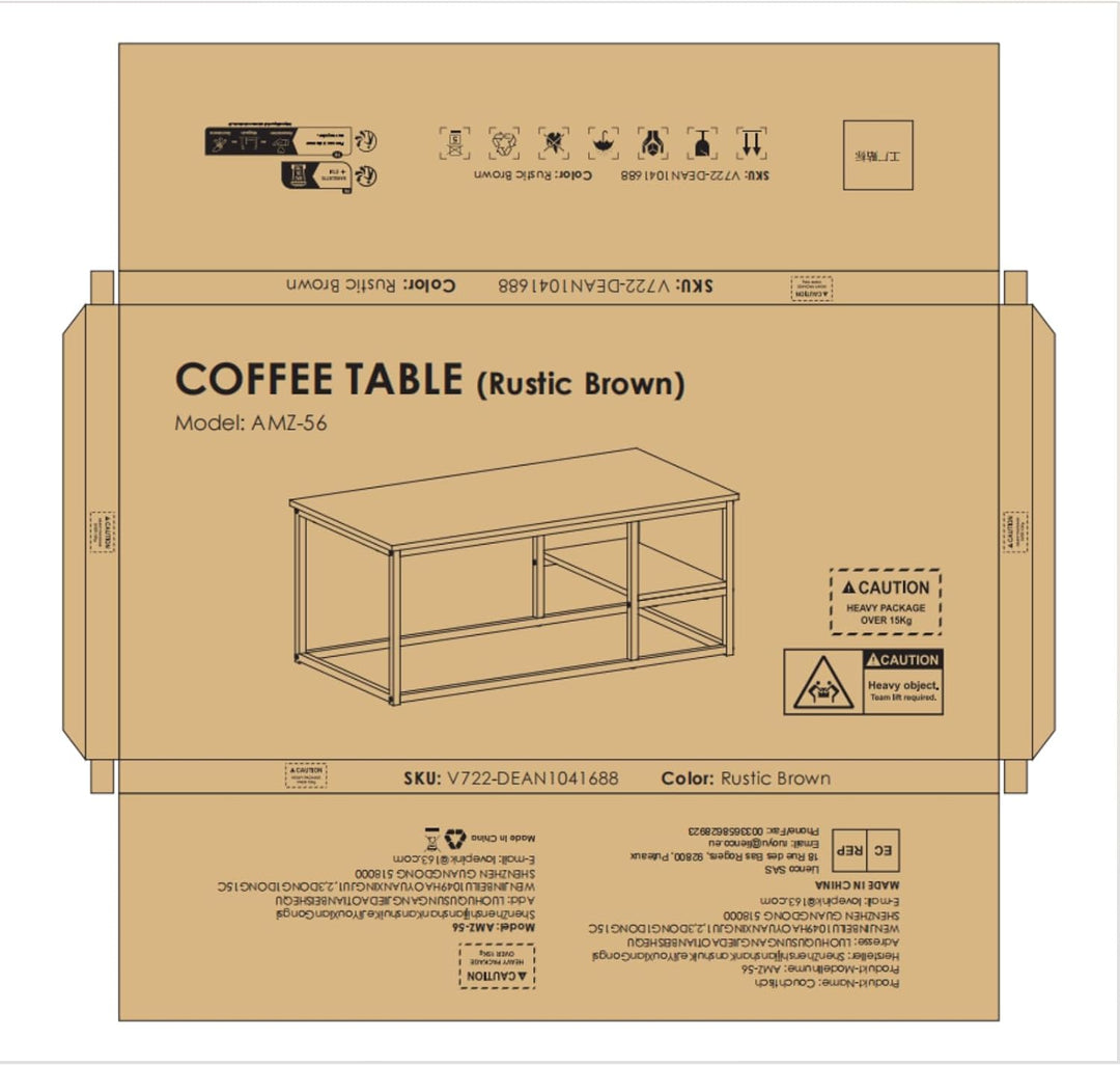 VOWNER Couchtisch, Wohnzimmertisch, Couchtisch mit Stahlgestell und Ablagen, Industrie-Design, Skand