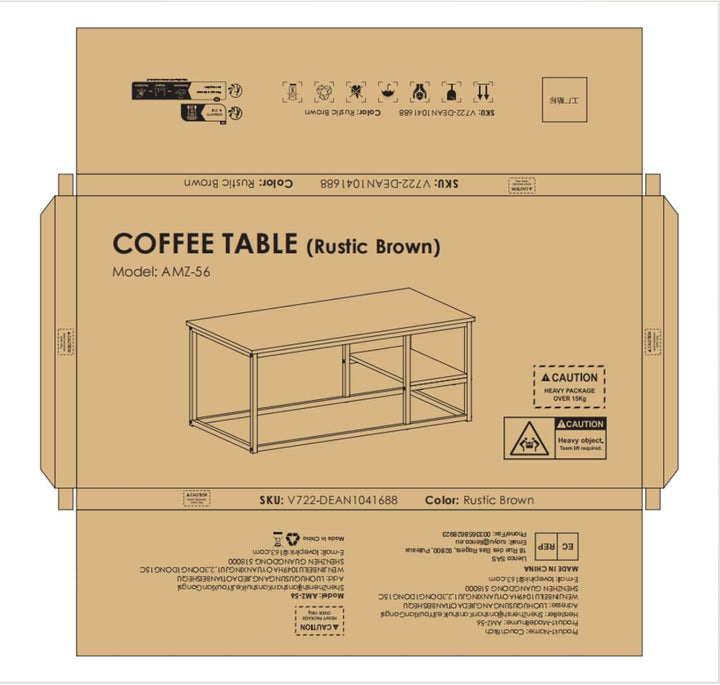 VOWNER Couchtisch, Wohnzimmertisch, Couchtisch mit Stahlgestell und Ablagen, Industrie-Design, Skand