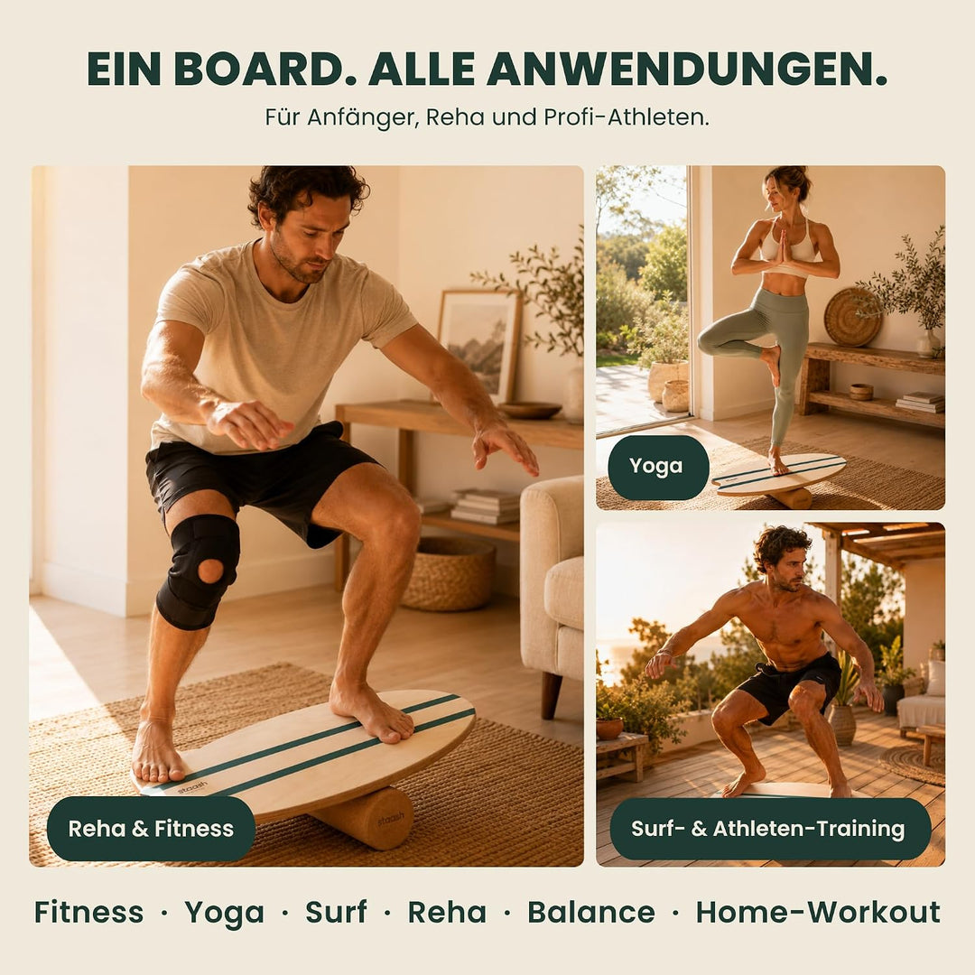 STAASH® Balance Board Holz – Pro Gleichgewichtstrainer inkl. Schutzmatte, Rolle, Halbkugel, Korkball