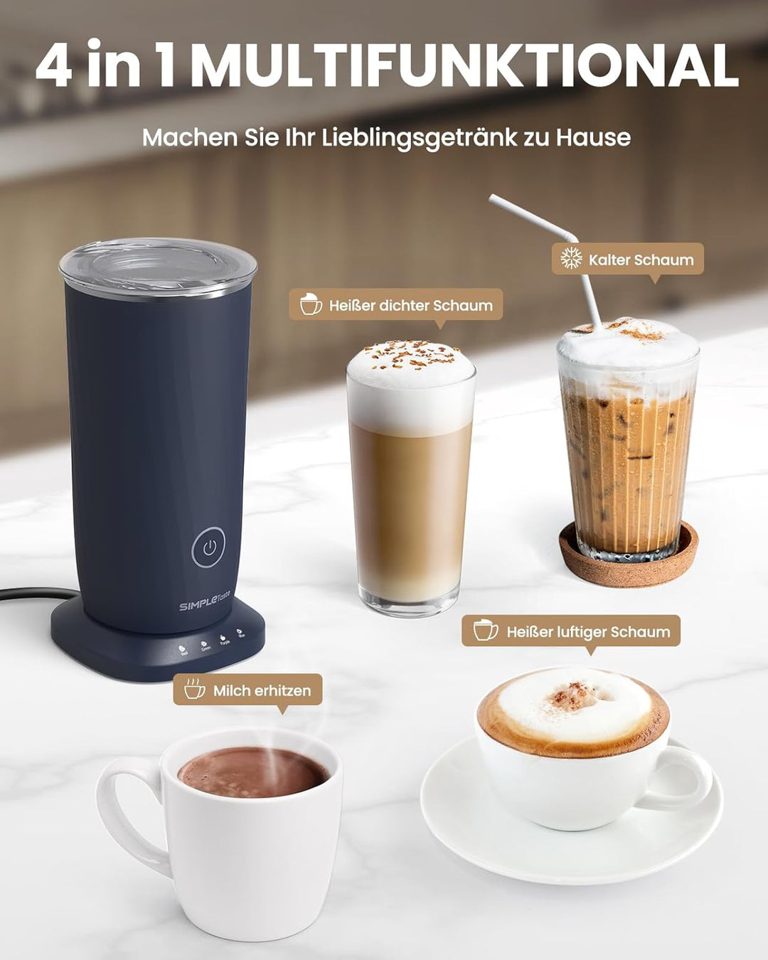 SIMPLETASTE Milchaufschäumer Elektrisch 4-in-1, Heisser & kalter Milchschaum, Milch erwärmen & Kakao