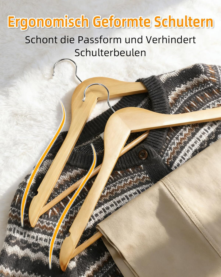 Hangerman Kleiderbügel Holz 20er Set, Massivholz Kleiderbügel mit rutschfestem Hosensteg, Einkerbung