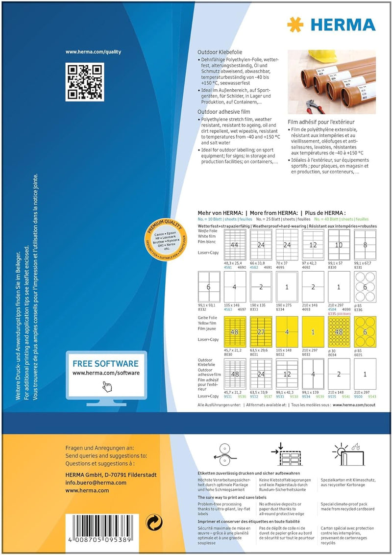 HERMA 9538 Wetterfeste Folienetiketten, 40 Blatt, 99,1 x 42,3 mm, 12 Stück pro A4 Bogen, 480 Aufkleb