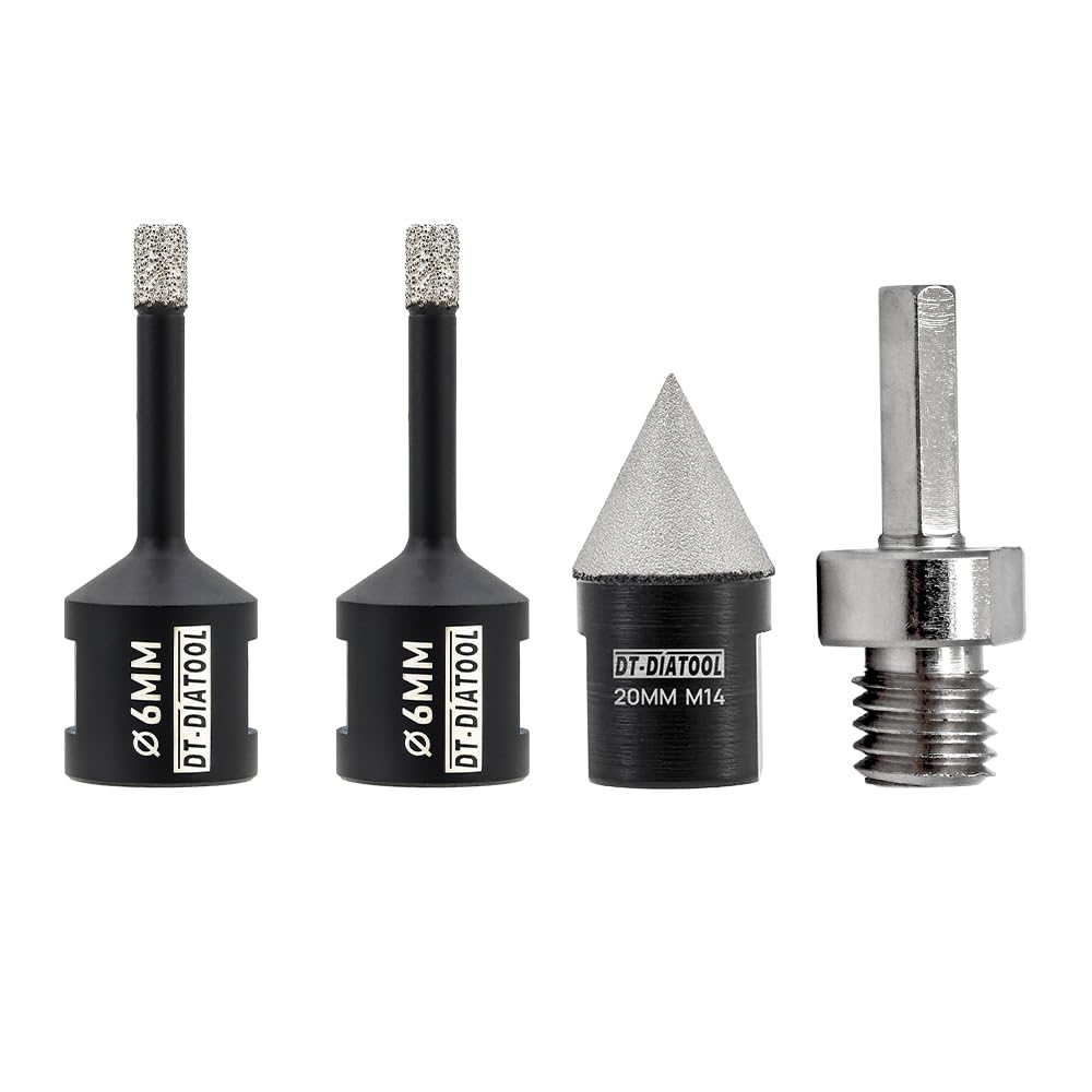 DT-DIATOOL Diamant-Bohrer-Set 6/6mm und 20mm Diamant-Fasenbohrer mit Sechskantadapter für Porzellan