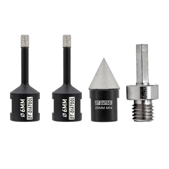 DT-DIATOOL Diamant-Bohrer-Set 6/6mm und 20mm Diamant-Fasenbohrer mit Sechskantadapter für Porzellan
