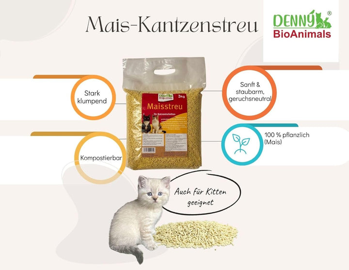 Denny BioAnimals® Klumpende Mais Katzenstreu 100% Pflanzlich & Biologisch Abbaubar – Extra Ergiebig