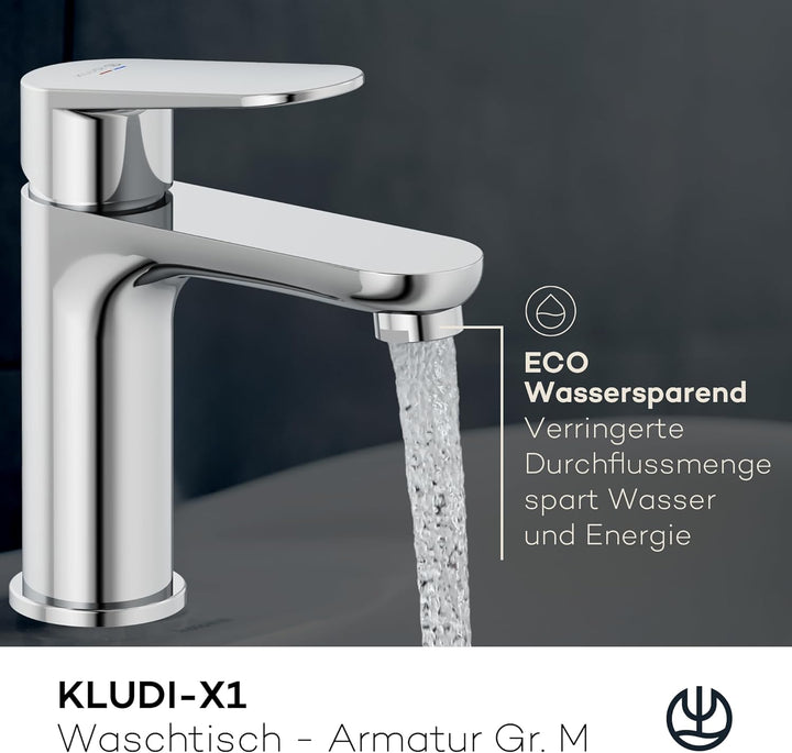 KLUDI-X1 Waschtischarmatur, Auslaufhöhe 95 mm, wassersparender Wasserhahn Bad Grösse M, Keramikkartu