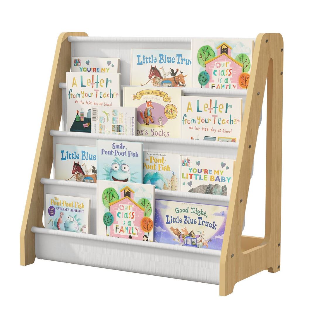 KEEPREAPER Bücherregal Kinder, Kinderregal mit 4 Stofffächern Kinderzimmer Regal 4 Ebenen Bücher-Org