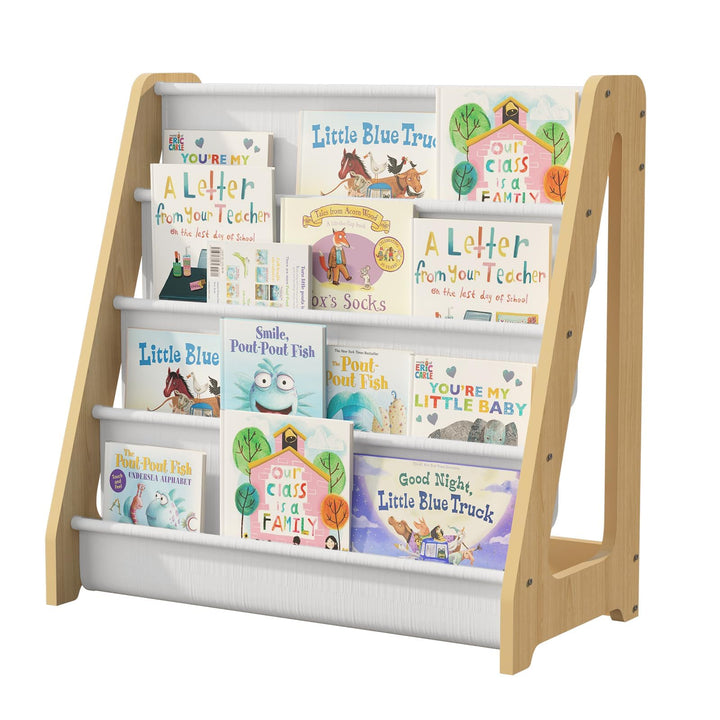 KEEPREAPER Bücherregal Kinder, Kinderregal mit 4 Stofffächern Kinderzimmer Regal 4 Ebenen Bücher-Org