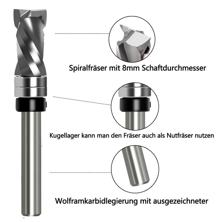 Bündigfräser Spiralfräser 8mm Schaft - Up&Down Kompression Spiralnutfräser, 12mm Schnittdurchmesser,