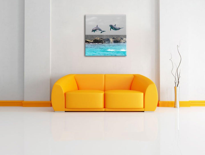 Pixxprint Zwei hoch springende Delphine als Leinwandbild Quadratisch/Grösse: 70x70 / Wandbild/Kunstd