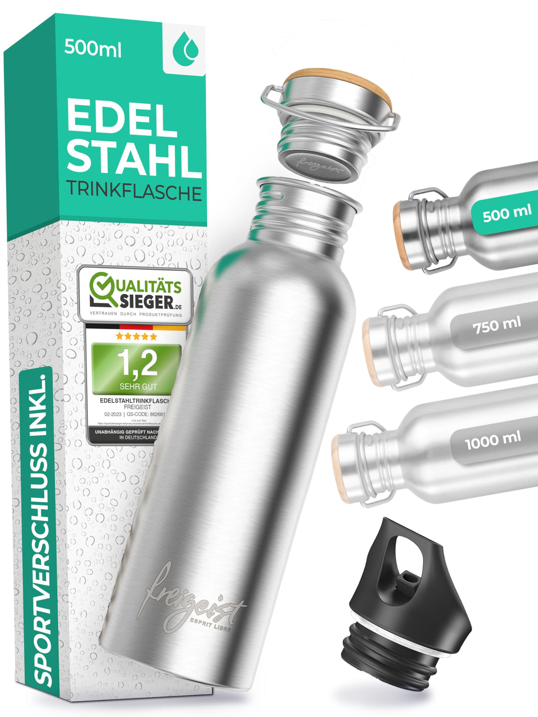 freigeist Trinkflasche Edelstahl einwandig mit Gratis Sportverschluss - Trinkflasche 1l | 750 | 500