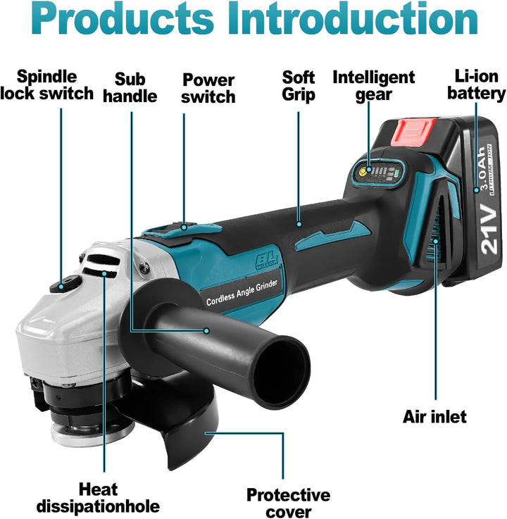 Yofuly Akku Winkelschleifer für Makita Akku 18V 21V, 2× 3.0Ah Akkus &amp; Ladegerät, Akku Flex Trennschl