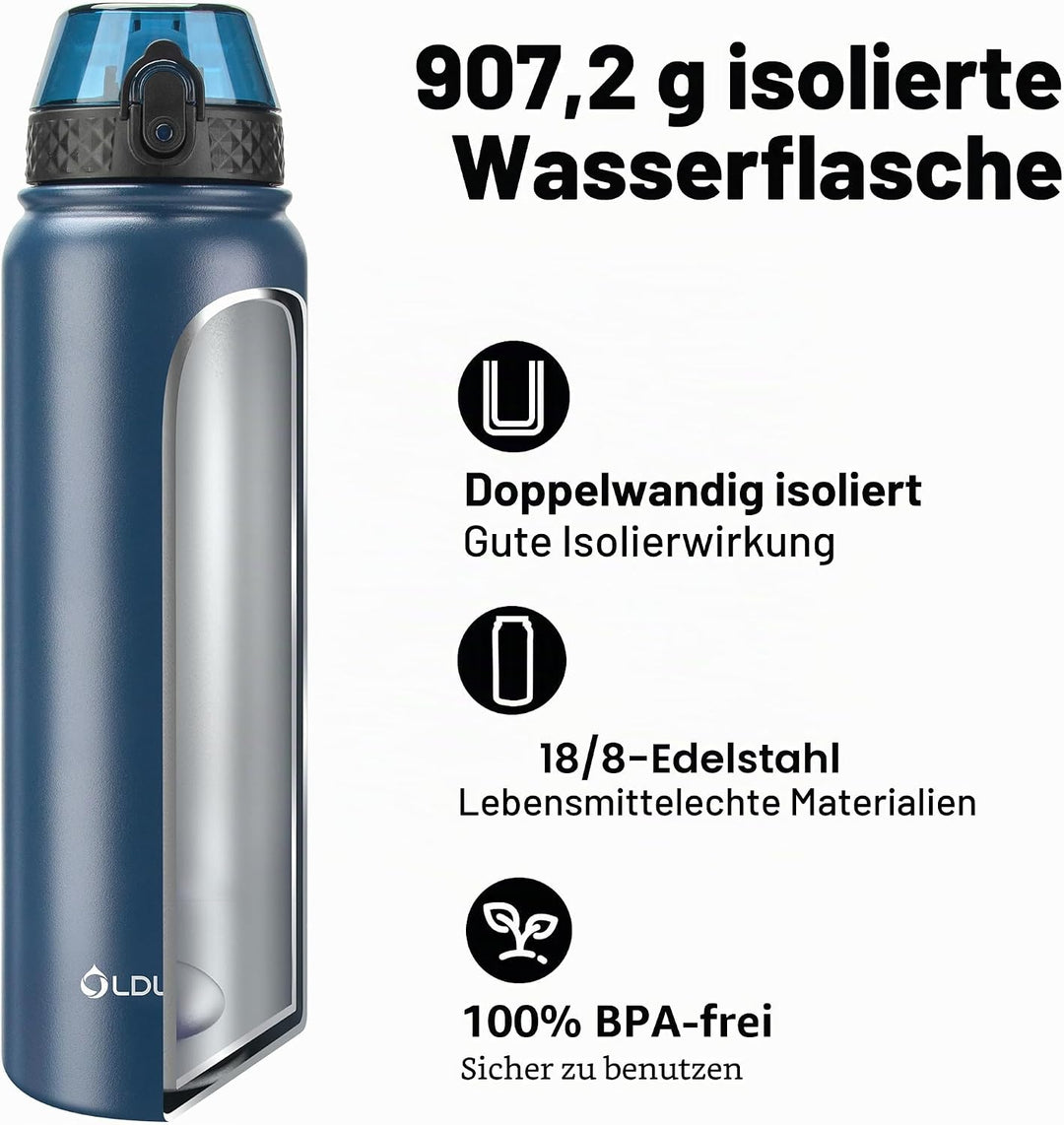 OLDLEY Edelstahl Trinkflasche mit Strohhalm 1L Isolierte flasche mit 3 Deckel Grosse Thermosflasche