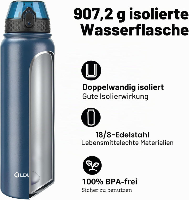 OLDLEY Edelstahl Trinkflasche mit Strohhalm 1L Isolierte flasche mit 3 Deckel Grosse Thermosflasche