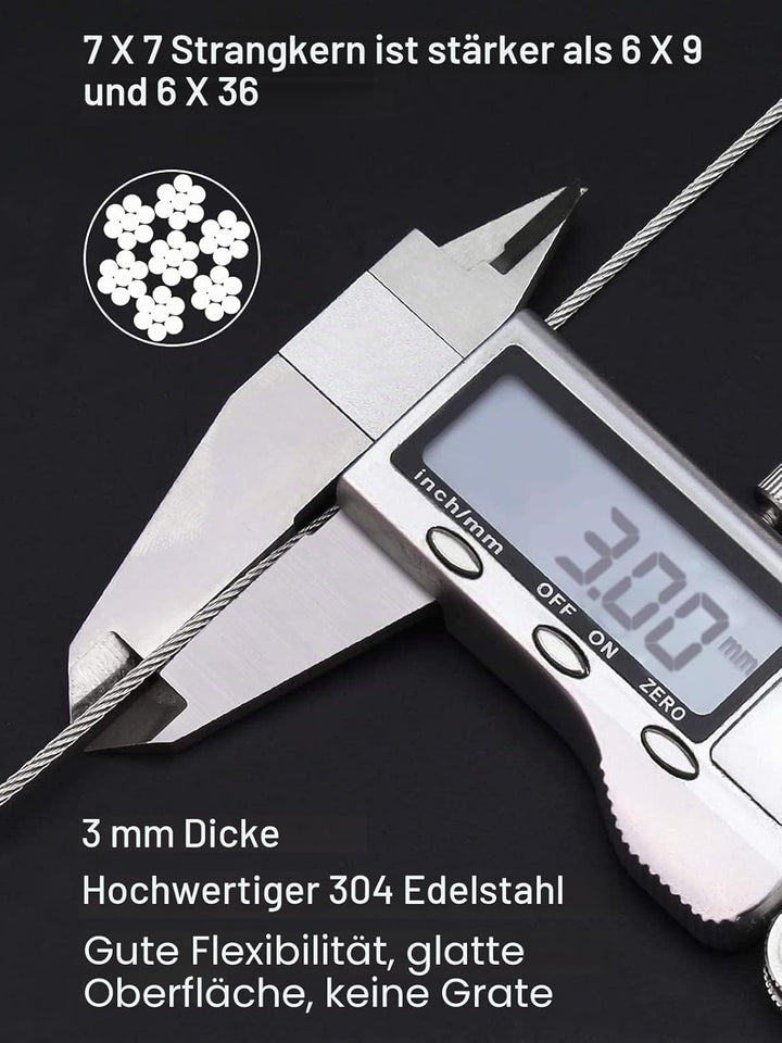 TooTaci 3mm Edelstahl Drahtseil 10M - Stahlseil mit M3 Drahtseilkausche & Aluminium-Crimphülsen – Id
