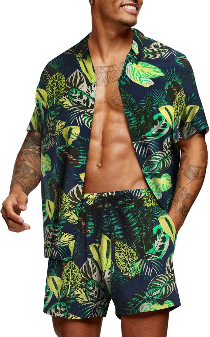 COOFANDY Herren Hemd Kurzarm Sommerhemd Floral Hawaiihemd Flamingo Party Hemden und Shorts Set Stran