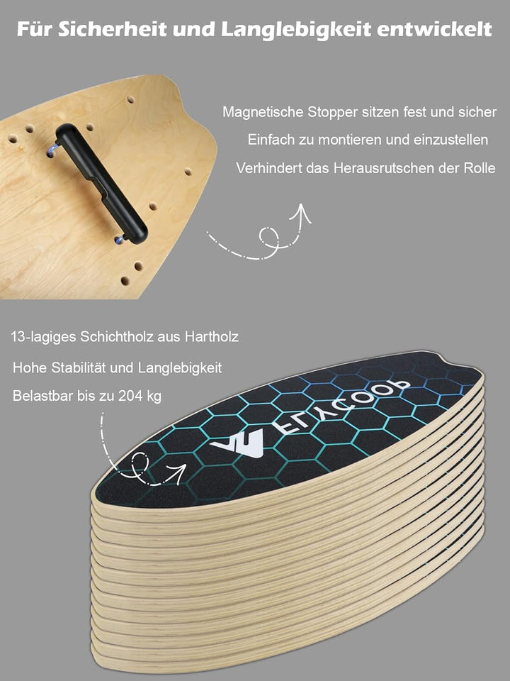 Balance Board für Erwachsene – Holz Balance Board Set mit Rolle &amp; Ball, Surf Trainer Indoor, Wackelb