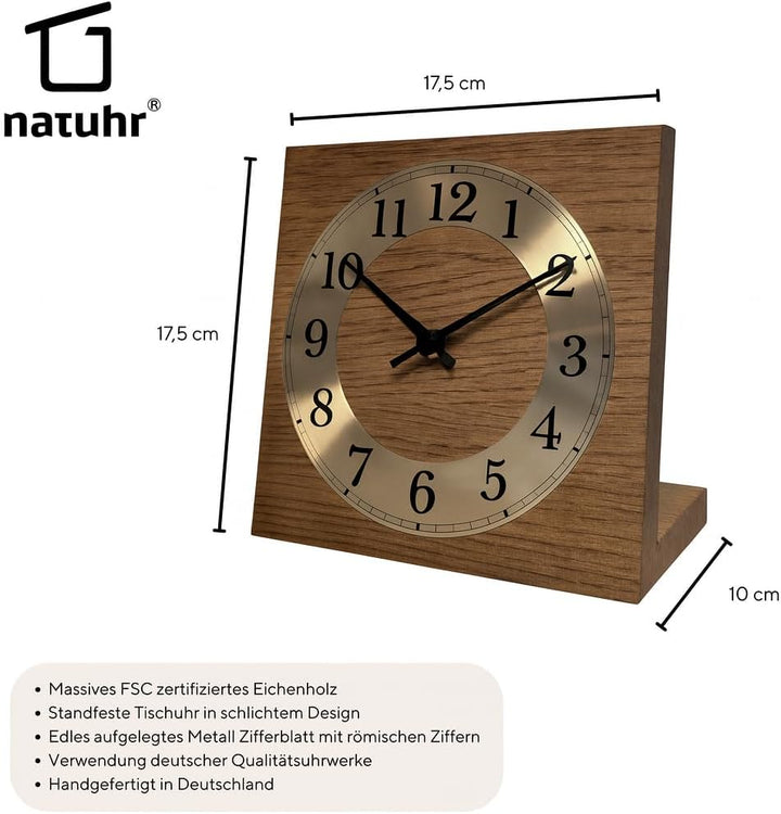 Tischuhr Eiche Buche Holz - Knick - Massivholz Design 17,5 x 17,5 cm (Funk-Uhrwerk, Eiche dunkel geö