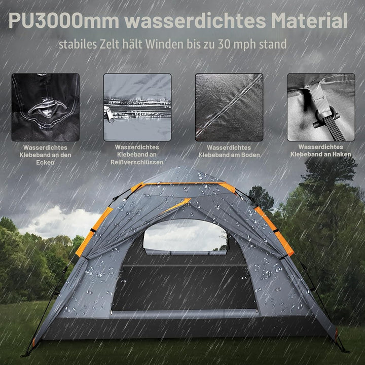 Cflity Camping Zelt, 3 Personen Pop Up Zelt Automatisches Instant DREI Schicht Wasserdicht 4 Jahresz