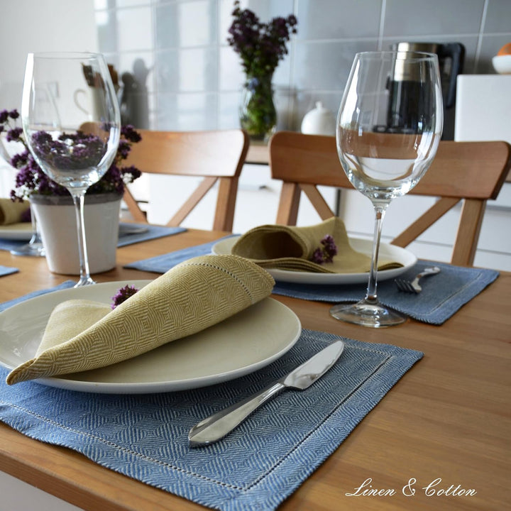 Linen & Cotton Hochwertig Tischsets Platzsets mit Hohlsaum Scandi - 100% Leinen, Dunkelblau (30 x 44