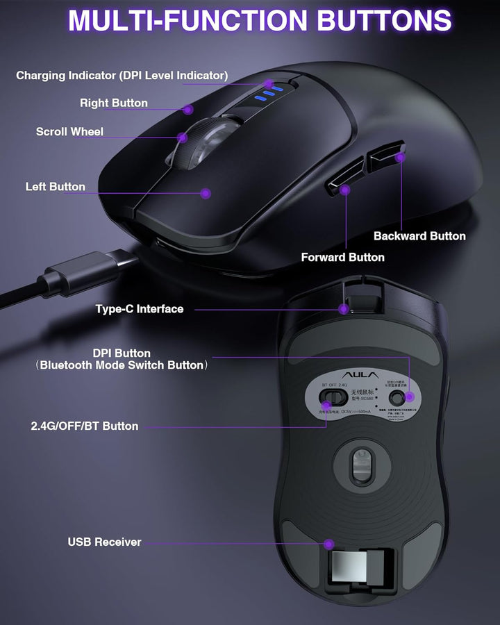 AULA SC580 Gaming Maus Kabellos,2.4GHz/USB-C/BT Wireless Gaming Mouse,12000DPI,6 Programmierbare Tas