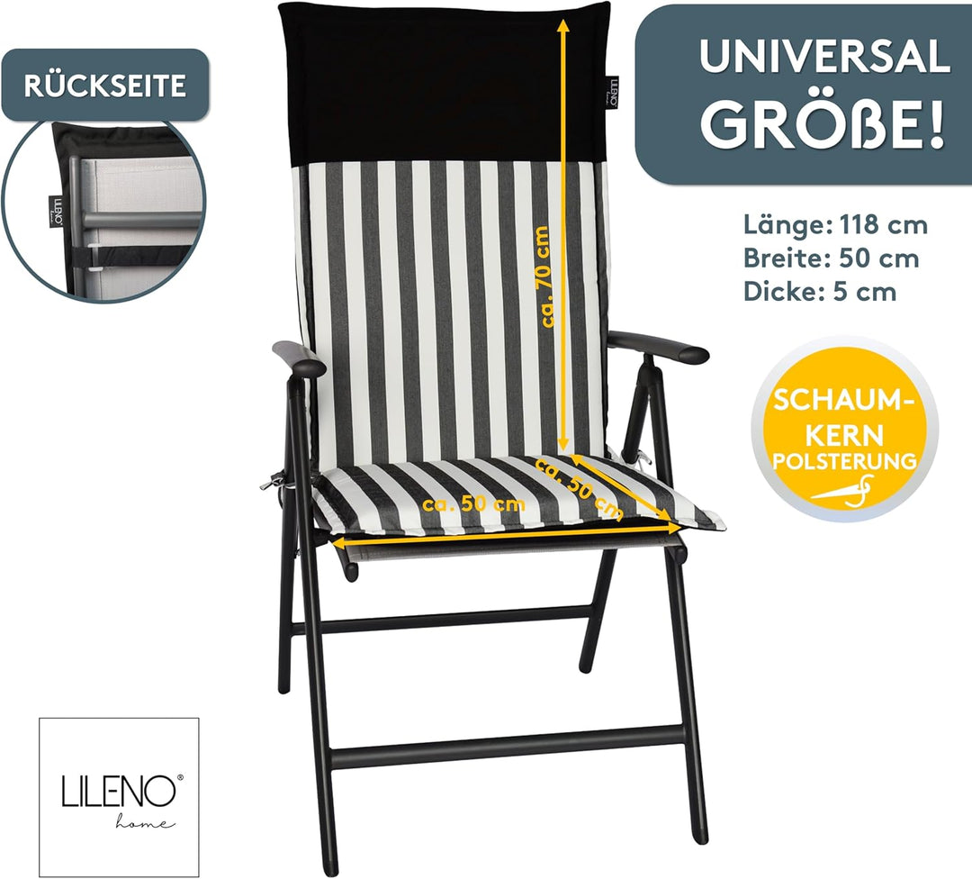 LILENO HOME Gartenstuhl Auflagen als [2er Set - Hochlehner] in Streifen Schwarz - Uni Schwarz - Bequ