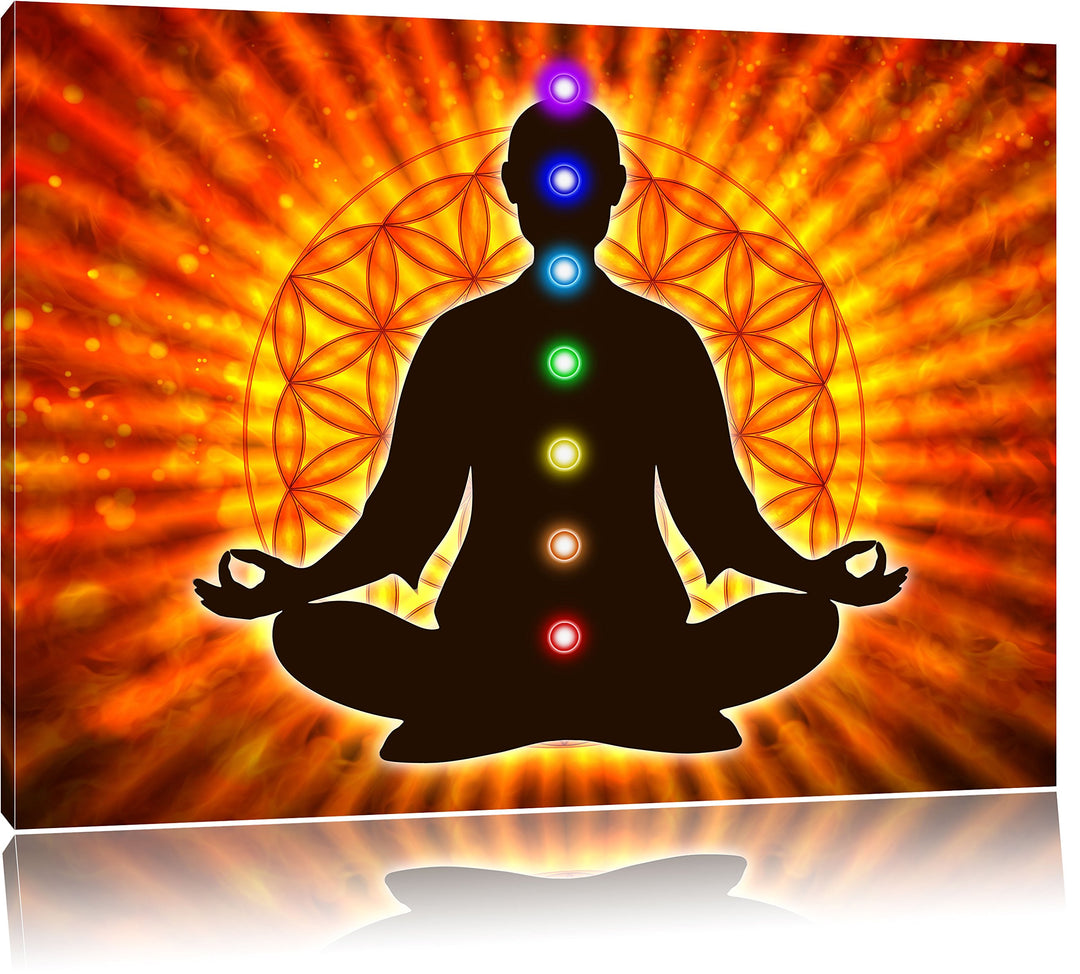 Pixxprint Meditation mit den 7 Chakren / 100x70cm Leinwandbild bespannt auf Holzrahmen/Wandbild Kuns