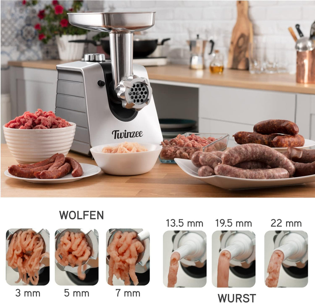 Twinzee - Elektrischer Fleischwolf mit Wurstfüller, Schwarz - Für Fleisch und Wurst - Küchenmaschine