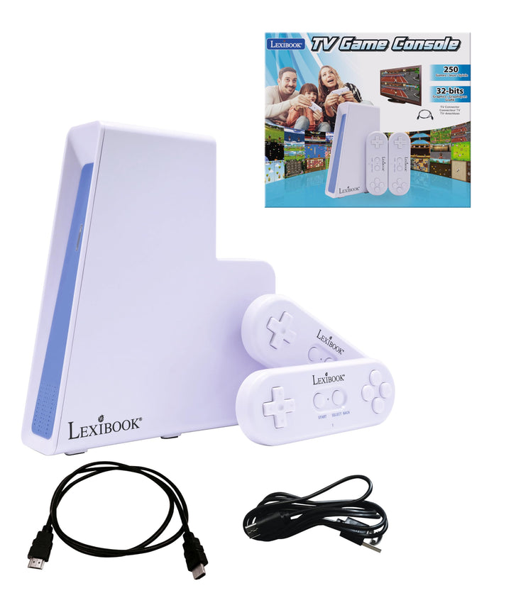 Lexibook, TV-Spielkonsole mit 2 drahtlosen Controllern, 250 Spiele, 32-Bit-Grafik, TV-Anschluss, JG7