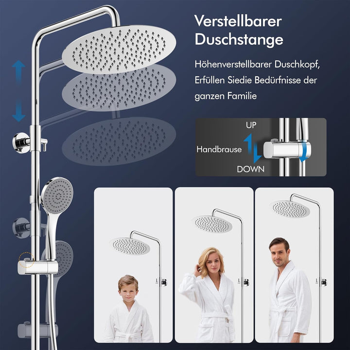 HOMELODY Duschsystem mit Thermostat und Glasablage, Duscharmatur Komplettset mit 30cm Kopfbrause, Hö