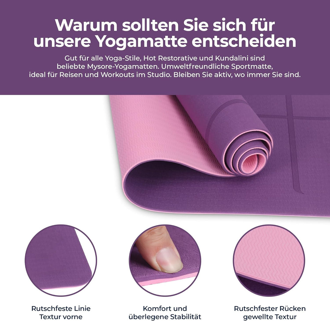 Habib Yogamatte Set mit Yogablöcken – Rutschfeste gepolsterte Fitnessmatte inkl. Tragetasche mit Sch