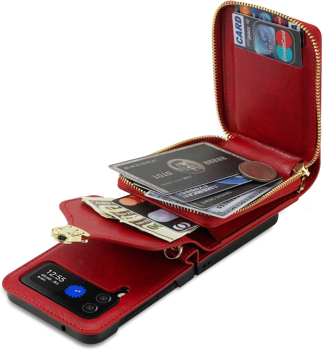 UDBKKDX Brieftasche Handyhülle für Samsung Galaxy Z Flip 5, Schnalle Frauen Mattes Leder hülle mit B