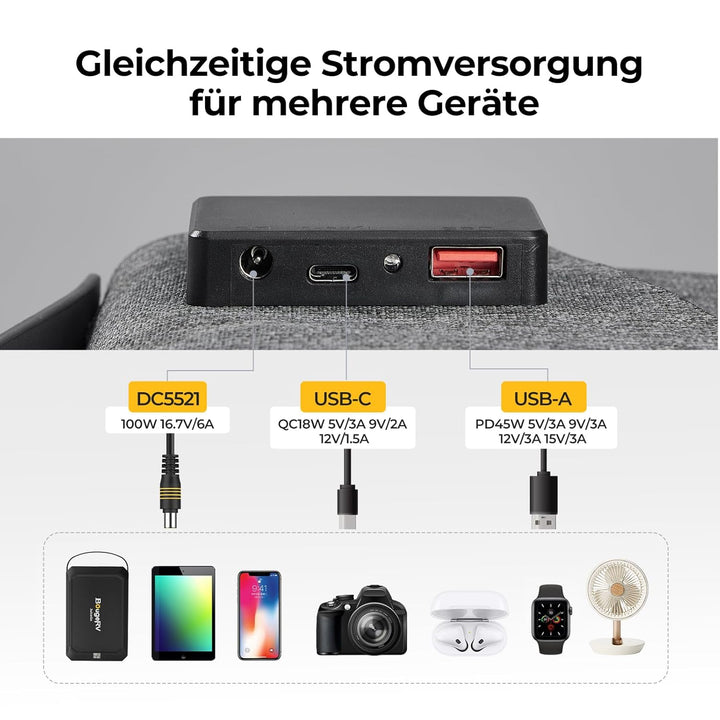 BougeRV 100W ETFT Faltbares Solarpanel, Fiberglas 270°, 2 kg, Tragbares Solarmodul mit DC/USB-C/USB-