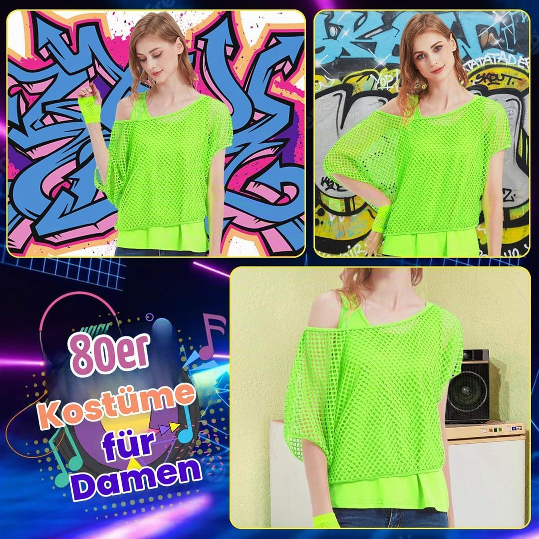 WILDPARTY 80er 90er Jahre Outfit Damen, Netzshirt, Tank top, Beinwärmer, Netzhandschuhe, Kostüm 80er