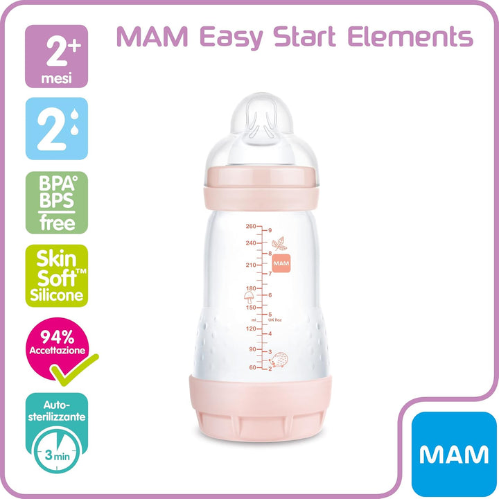 MAM Easy Start Anti Colica Babyflasche mit Sauger aus Silikon SkinSoftTM, 2+ Monate, 260 ml, Rosa al