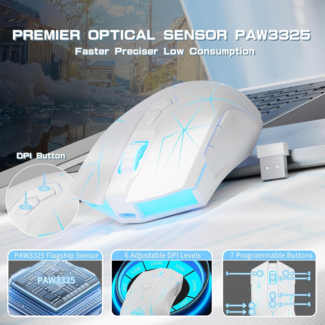 AJ52PRO Wireless Gaming Maus, 10K DPI Sensor, Tri Mode, kabellos - RF2.4G/BT5.0/USB Wired, Rainbow B
