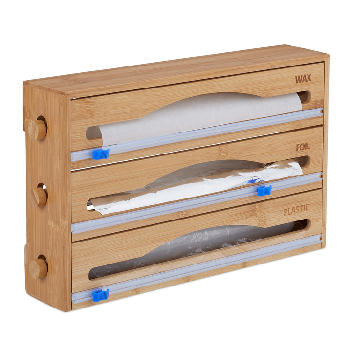 Relaxdays Folienspender 3 in 1, für Wand & Schublade, HxBxT: 23,5 x 39 x 9 cm, Bambus, Folienschneid