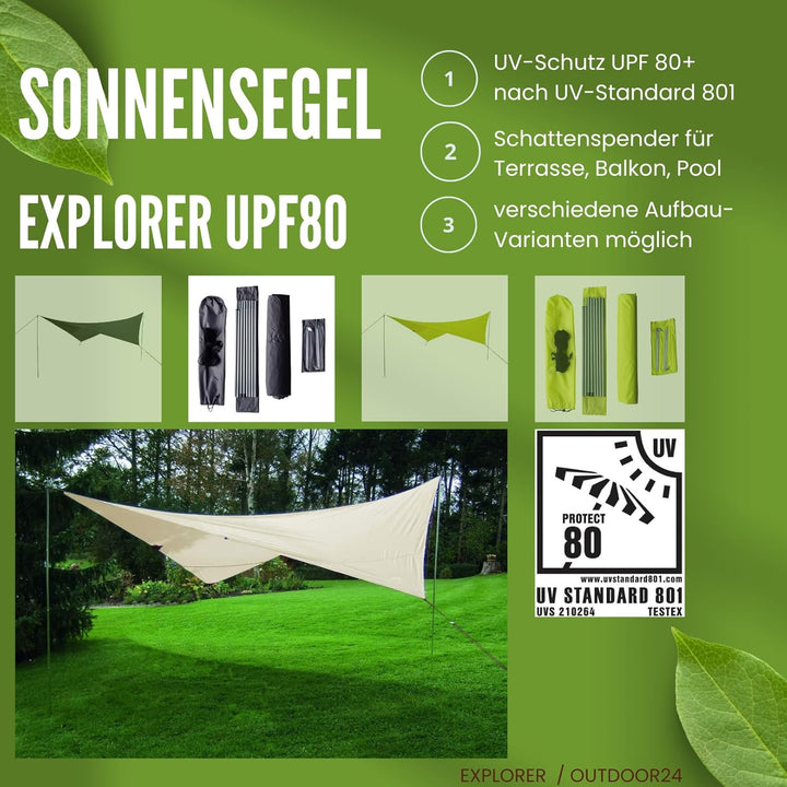 EXPLORER® Sonnensegel 3x4m rechteckig wasserabweisend mit Stangen, Leinen und Heringen Sonnenschutz