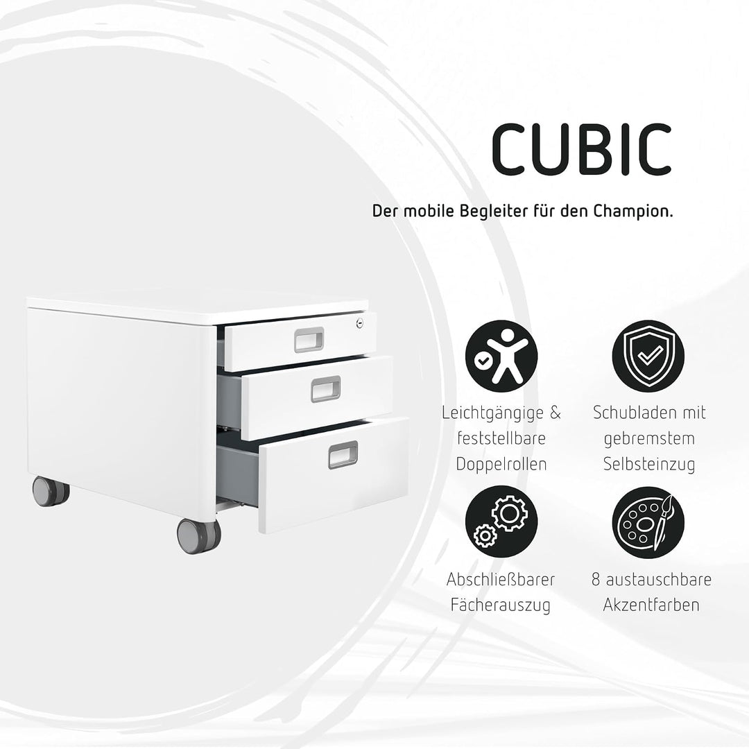 moll Cubic, mobiler Rollcontainer mit drei Schubladen, abschliessbar und mit integrierte Feststellbr