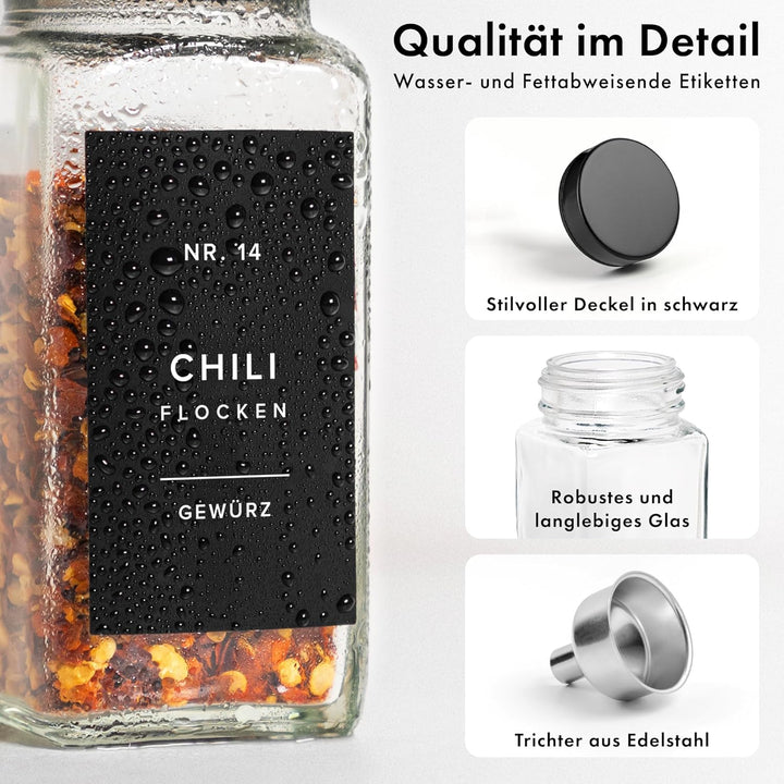 EDELHAUS Gewürzgläser Eckig Set mit Edelstahl Deckel Schwarz (24 x 120ml) Gewürzstreuer mit Streuein