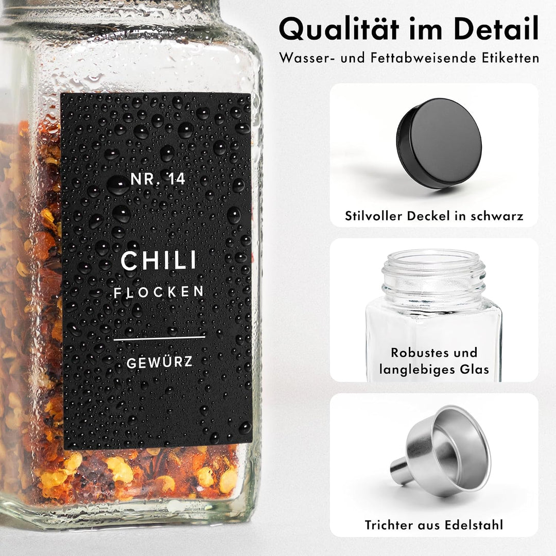 EDELHAUS Gewürzgläser Eckig Set mit Deckel (36 x 120ml) Gewürzstreuer mit Streueinsatz und 240 Etike