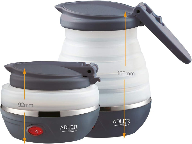 Adler AD1279 Elektrischer Wasserkocher, faltbar, 0,6 Liter, 750 W, BPA-frei, Silikon, Weiss und Dunk