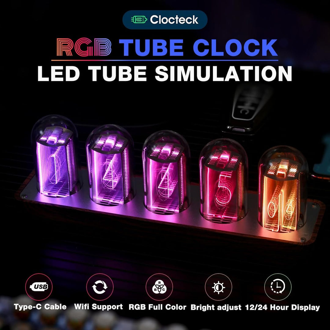 ClocTeck Nixie Röhrenuhr mit WLAN-Synchronisation, Alarm & Timer, 12/24H Display, keine Montage erfo