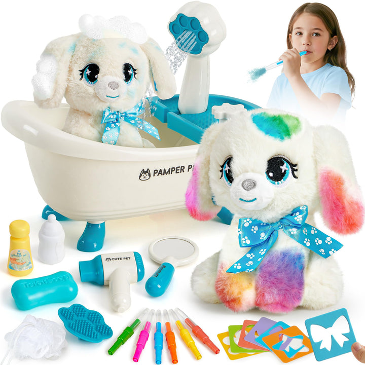 Hund Spielzeug Kinder, Hund Kuscheltier mit Drück-Wasser-Badewanne &amp; Waschbaren Buntstifte, Kreative
