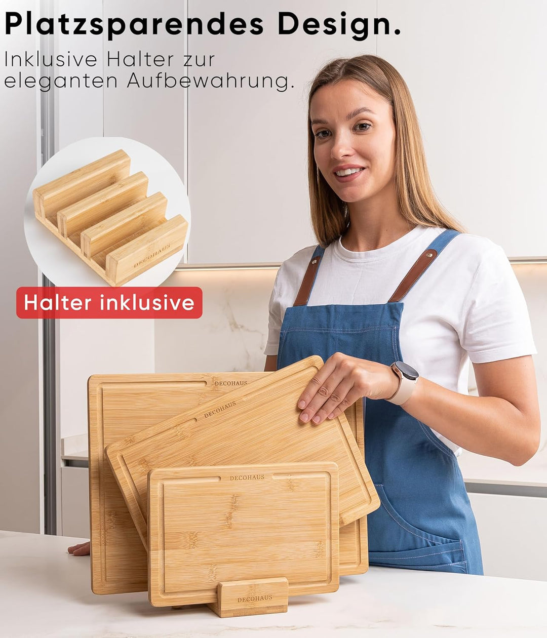 Deco haus Schneidebrett Holz 3er Set aus Robustem Bambus [2cm DICKE] - Schneidebretter mit Saftrille