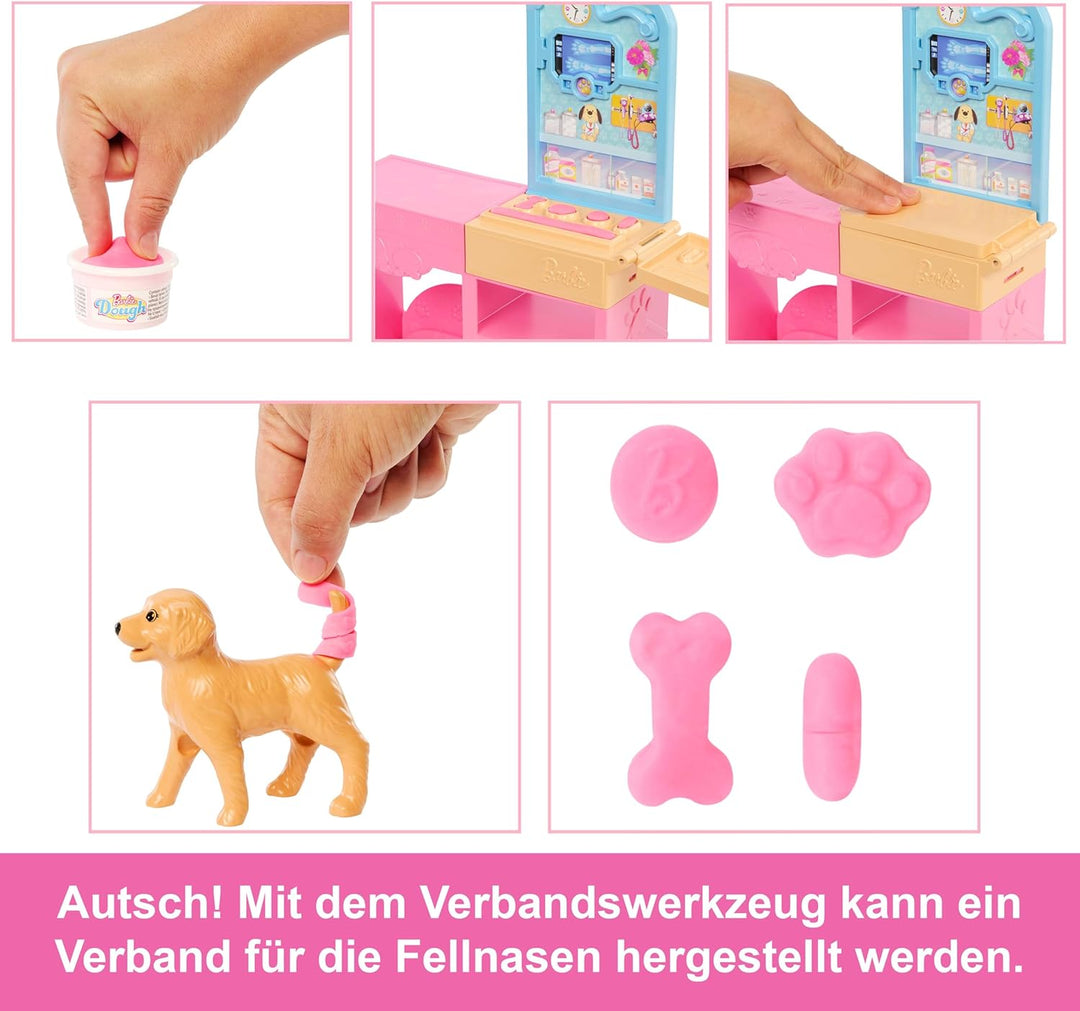 Barbie Gute Besserung“ Tierkrankenstation-Spielset aus Modepuppe mit rosa gefärbten Haaren, Tierarzt