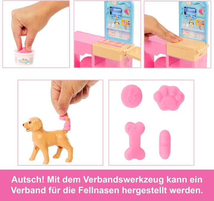 Barbie Gute Besserung“ Tierkrankenstation-Spielset aus Modepuppe mit rosa gefärbten Haaren, Tierarzt