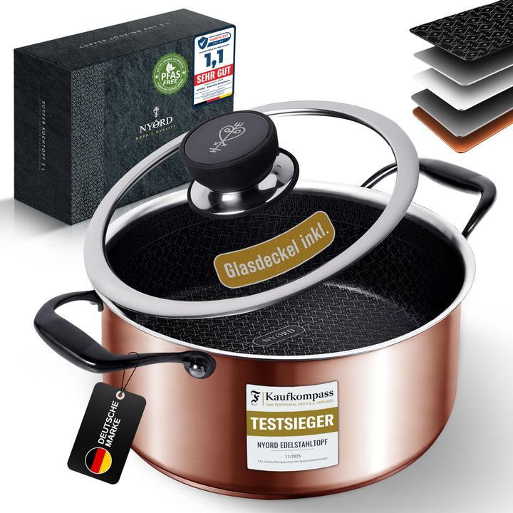 NYORD Kochtopf 20 cm aus Kupfer, mit Hybrid-Protection & Keramikbeschichtung, geeignet für Ceran-, G
